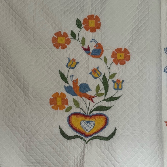 Vintage Lovebirds Needlepoint Quilt Folk Art Heart Floral Bedspread Queen XL - Picture 2 of 10